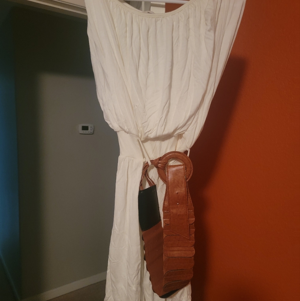 Cream dress w/ brown wide belt